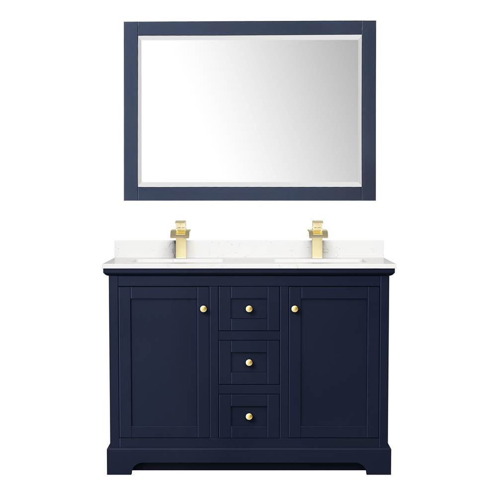Avery 48 Inch Double Bathroom Vanity in Dark Blue, Carrara Cultured Marble Countertop, Undermount Square Sinks, 46 Inch Mirror