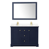 Avery 48 Inch Double Bathroom Vanity in Dark Blue, Carrara Cultured Marble Countertop, Undermount Square Sinks, 46 Inch Mirror