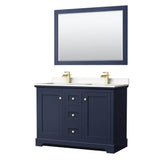 Wyndham Collection - Avery 48 Inch Double Bathroom Vanity in Dark Blue, Carrara Cultured Marble Countertop, Undermount Square Sinks, 46 Inch Mirror