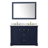 Avery 48 Inch Double Bathroom Vanity in Dark Blue, White Carrara Marble Countertop, Undermount Oval Sinks, 46 Inch Mirror