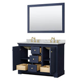 Avery 48 Inch Double Bathroom Vanity in Dark Blue, White Carrara Marble Countertop, Undermount Oval Sinks, 46 Inch Mirror