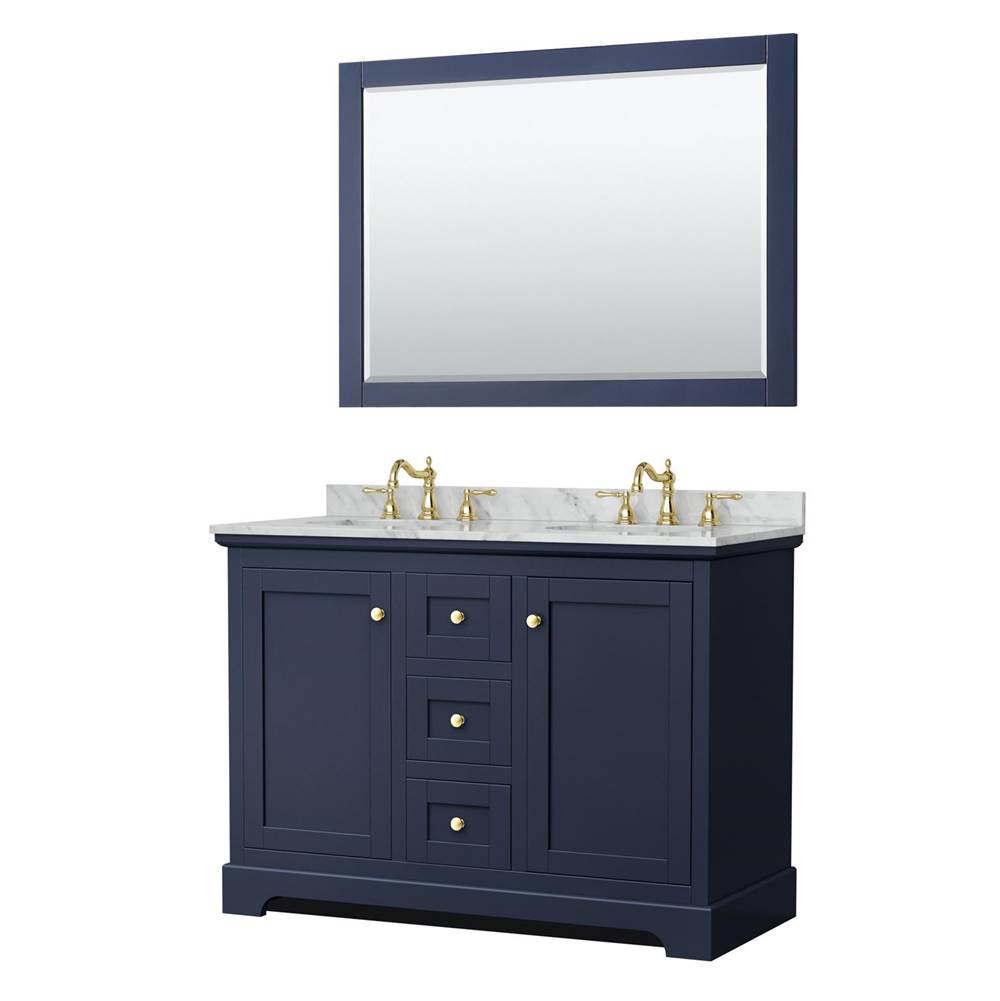 Wyndham Collection - Avery 48 Inch Double Bathroom Vanity in Dark Blue, White Carrara Marble Countertop, Undermount Oval Sinks, 46 Inch Mirror