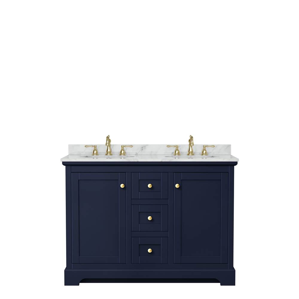 Avery 48 Inch Double Bathroom Vanity in Dark Blue, White Carrara Marble Countertop, Undermount Oval Sinks, No Mirror