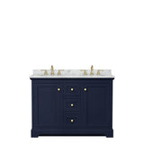Avery 48 Inch Double Bathroom Vanity in Dark Blue, White Carrara Marble Countertop, Undermount Oval Sinks, No Mirror