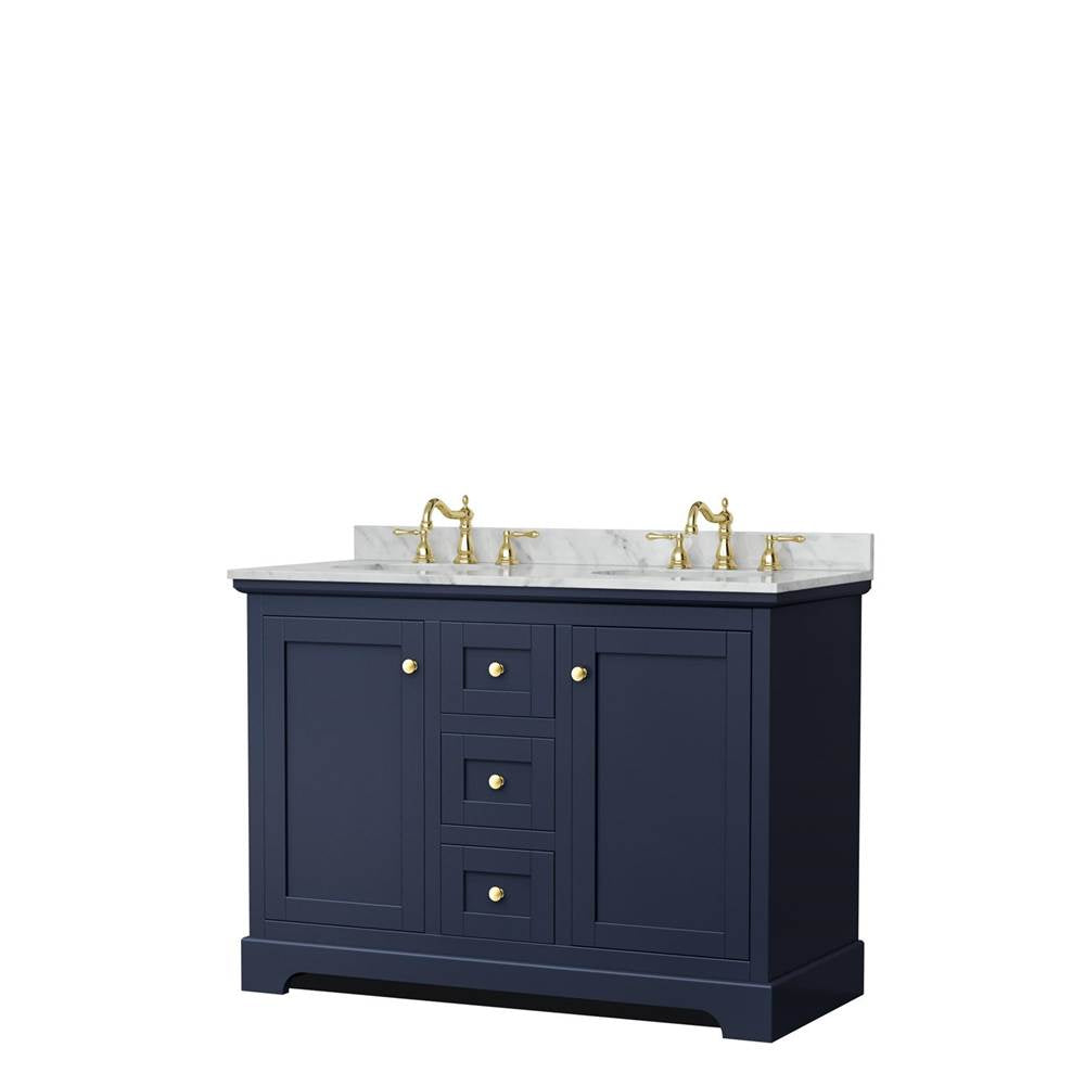 Wyndham Collection - Avery 48 Inch Double Bathroom Vanity in Dark Blue, White Carrara Marble Countertop, Undermount Oval Sinks, No Mirror
