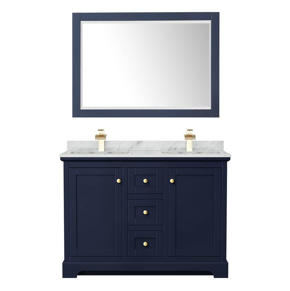 Avery 48 Inch Double Bathroom Vanity in Dark Blue, White Carrara Marble Countertop, Undermount Square Sinks, 46 Inch Mirror
