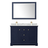 Avery 48 Inch Double Bathroom Vanity in Dark Blue, White Carrara Marble Countertop, Undermount Square Sinks, 46 Inch Mirror