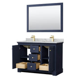 Avery 48 Inch Double Bathroom Vanity in Dark Blue, White Carrara Marble Countertop, Undermount Square Sinks, 46 Inch Mirror