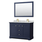 Wyndham Collection - Avery 48 Inch Double Bathroom Vanity in Dark Blue, White Carrara Marble Countertop, Undermount Square Sinks, 46 Inch Mirror