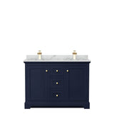 Avery 48 Inch Double Bathroom Vanity in Dark Blue, White Carrara Marble Countertop, Undermount Square Sinks, No Mirror