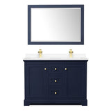 Avery 48 Inch Double Bathroom Vanity in Dark Blue, White Cultured Marble Countertop, Undermount Square Sinks, 46 Inch Mirror