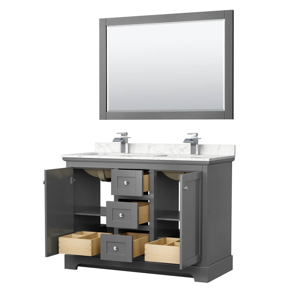 Avery 48 Inch Double Bathroom Vanity in Dark Gray, Dark-Vein Carrara Cultured Marble Countertop, Undermount Square Sinks, 46 Inch Mirror