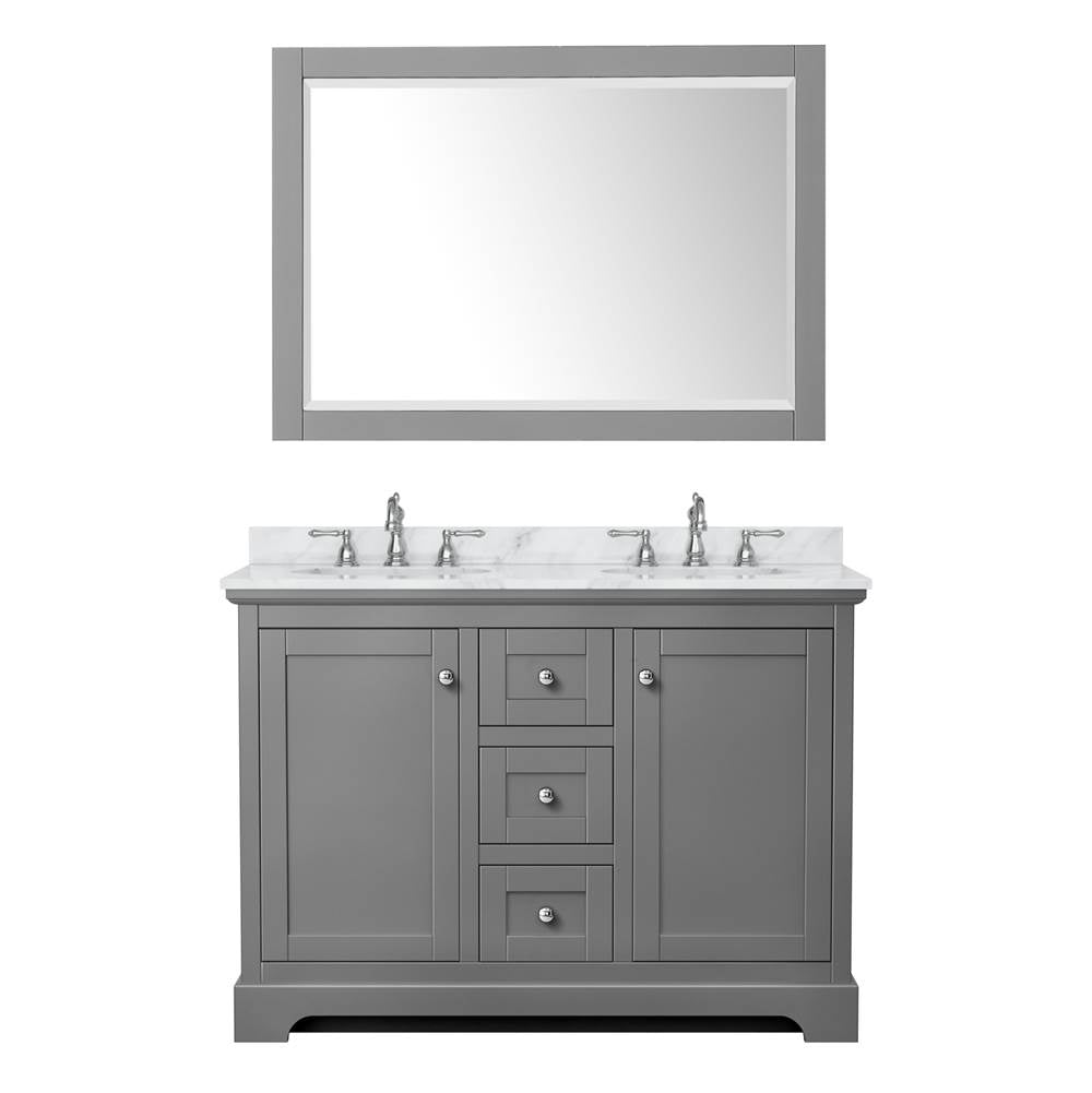 Avery 48 Inch Double Bathroom Vanity in Dark Gray, White Carrara Marble Countertop, Undermount Oval Sinks, 46 Inch Mirror