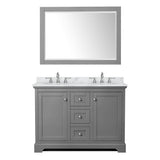 Avery 48 Inch Double Bathroom Vanity in Dark Gray, White Carrara Marble Countertop, Undermount Oval Sinks, 46 Inch Mirror