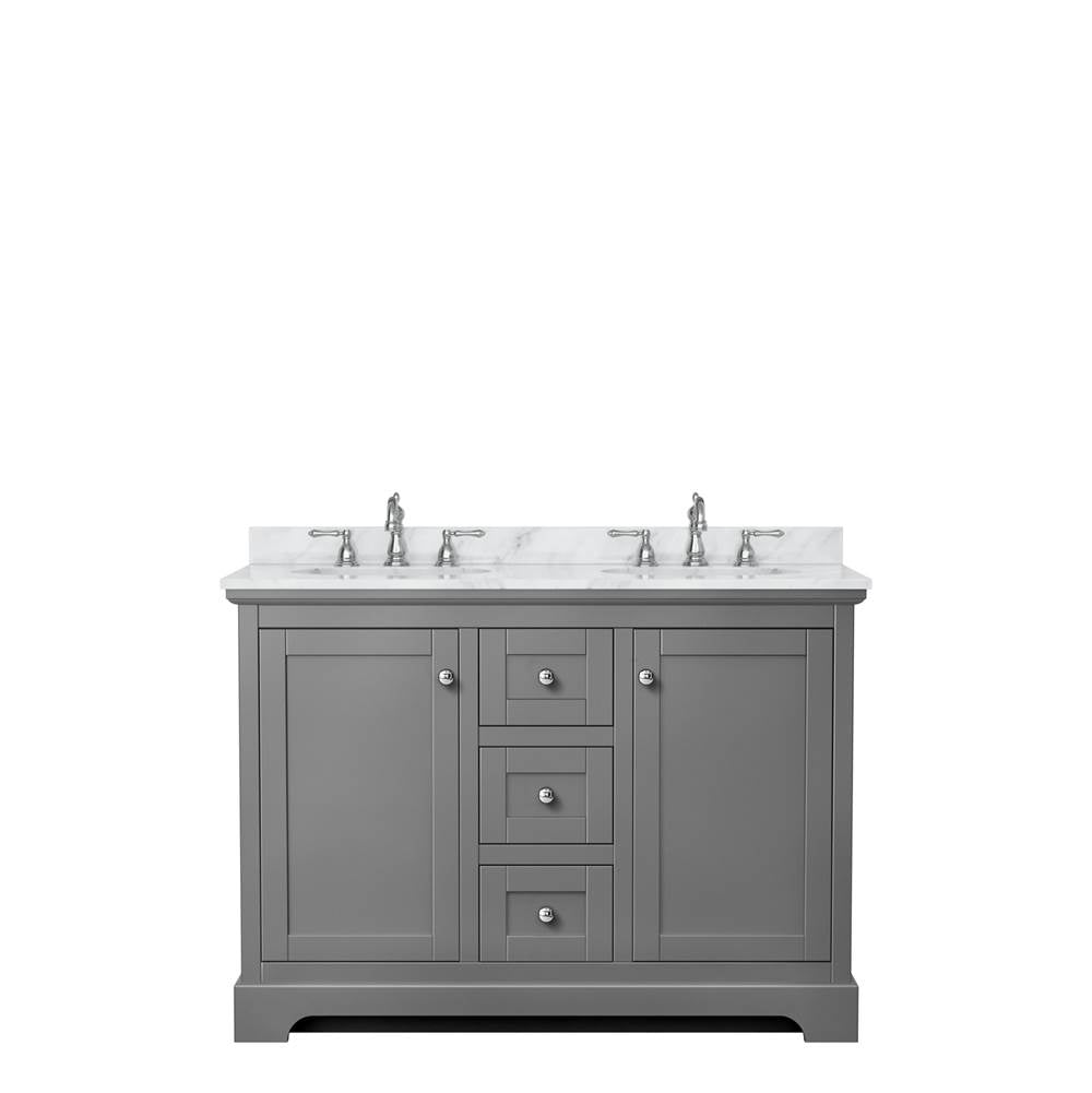 Avery 48 Inch Double Bathroom Vanity in Dark Gray, White Carrara Marble Countertop, Undermount Oval Sinks, No Mirror