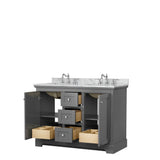 Avery 48 Inch Double Bathroom Vanity in Dark Gray, White Carrara Marble Countertop, Undermount Oval Sinks, No Mirror