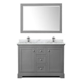 Avery 48 Inch Double Bathroom Vanity in Dark Gray, White Carrara Marble Countertop, Undermount Square Sinks, 46 Inch Mirror