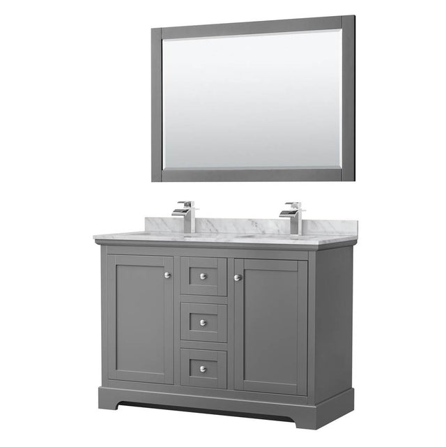 Wyndham Collection - Avery 48 Inch Double Bathroom Vanity in Dark Gray, White Carrara Marble Countertop, Undermount Square Sinks, 46 Inch Mirror