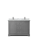 Avery 48 Inch Double Bathroom Vanity in Dark Gray, White Carrara Marble Countertop, Undermount Square Sinks, No Mirror