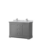 Wyndham Collection - Avery 48 Inch Double Bathroom Vanity in Dark Gray, White Carrara Marble Countertop, Undermount Square Sinks, No Mirror