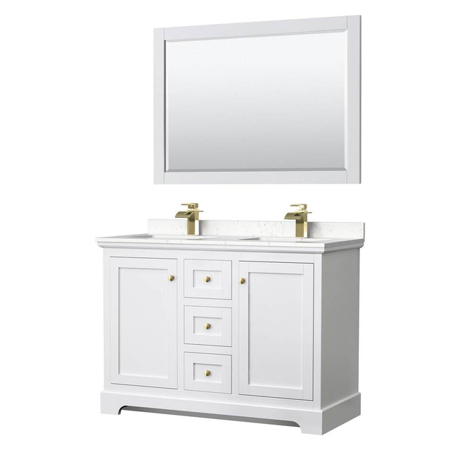 Wyndham Collection - Avery 48 Inch Double Bathroom Vanity in White, Carrara Cultured Marble Countertop, Undermount Square Sinks, 46 Inch Mirror, Brushed Gold Trim