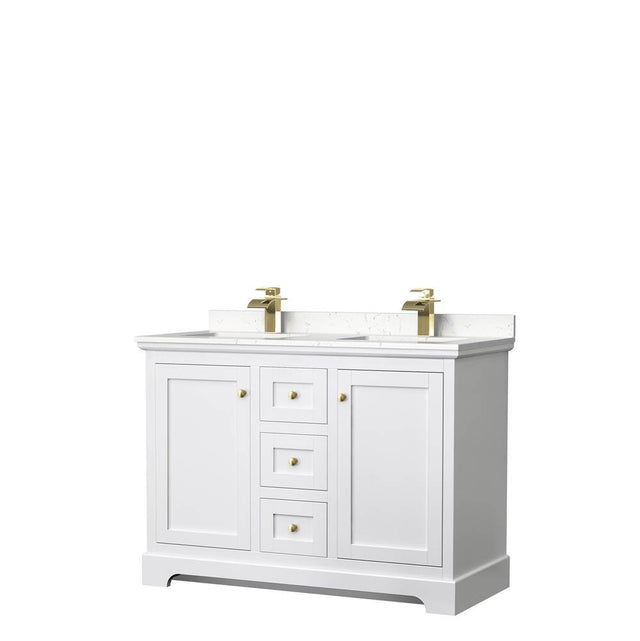 Wyndham Collection - Avery 48 Inch Double Bathroom Vanity in White, Carrara Cultured Marble Countertop, Undermount Square Sinks, Brushed Gold Trim