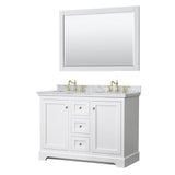 Wyndham Collection - Avery 48 Inch Double Bathroom Vanity in White, White Carrara Marble Countertop, Undermount Oval Sinks, 46 Inch Mirror, Brushed Gold Trim