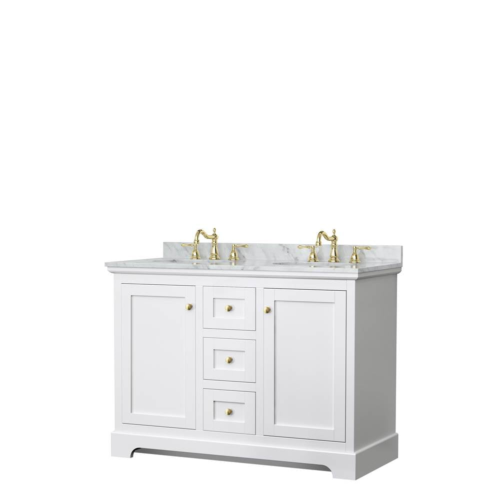 Wyndham Collection - Avery 48 Inch Double Bathroom Vanity in White, White Carrara Marble Countertop, Undermount Oval Sinks, Brushed Gold Trim