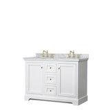 Wyndham Collection - Avery 48 Inch Double Bathroom Vanity in White, White Carrara Marble Countertop, Undermount Oval Sinks, Brushed Gold Trim