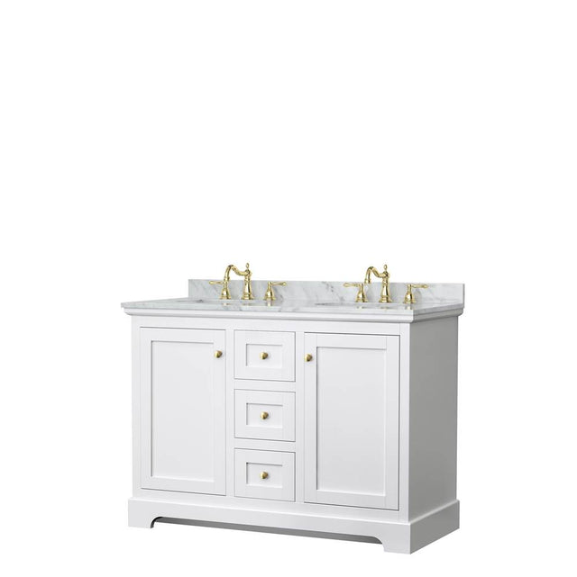 Wyndham Collection - Avery 48 Inch Double Bathroom Vanity in White, White Carrara Marble Countertop, Undermount Oval Sinks, Brushed Gold Trim