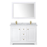 Avery 48 Inch Double Bathroom Vanity in White, White Carrara Marble Countertop, Undermount Square Sinks, 46 Inch Mirror, Brushed Gold Trim