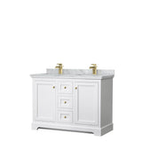 Wyndham Collection - Avery 48 Inch Double Bathroom Vanity in White, White Carrara Marble Countertop, Undermount Square Sinks, Brushed Gold Trim