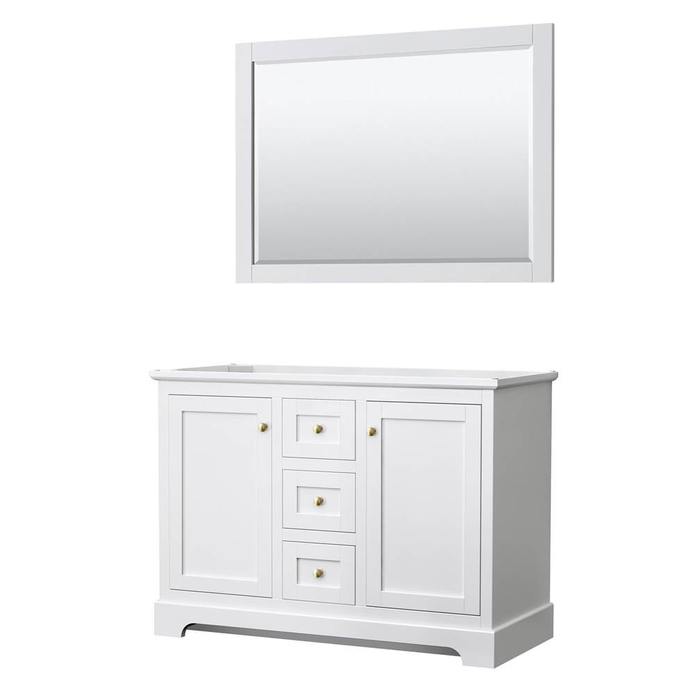 Wyndham Collection - Avery 48 Inch Double Bathroom Vanity in White, No Countertop, No Sinks, 46 Inch Mirror, Brushed Gold Trim