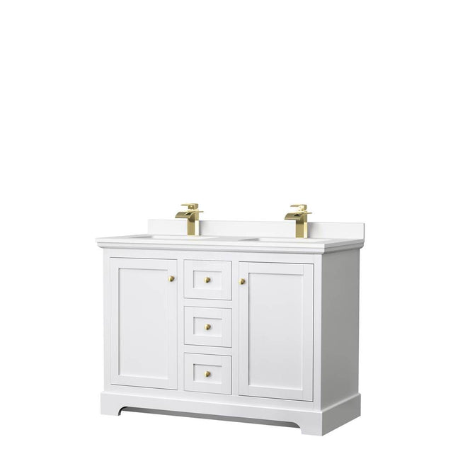 Wyndham Collection - Avery 48 Inch Double Bathroom Vanity in White, White Cultured Marble Countertop, Undermount Square Sinks, Brushed Gold Trim