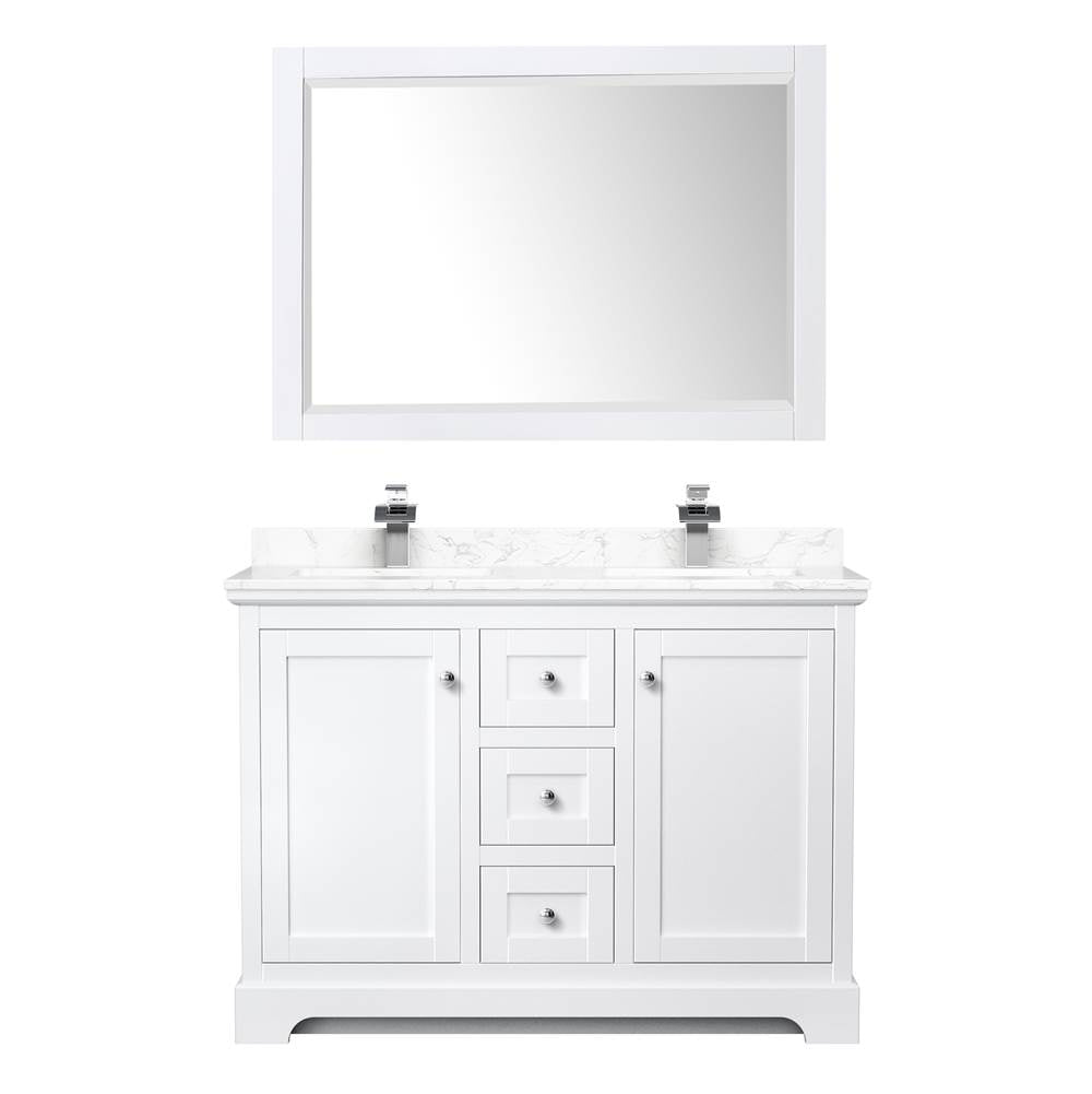 Avery 48 Inch Double Bathroom Vanity in White, Dark-Vein Carrara Cultured Marble Countertop, Undermount Square Sinks, 46 Inch Mirror