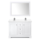 Avery 48 Inch Double Bathroom Vanity in White, Dark-Vein Carrara Cultured Marble Countertop, Undermount Square Sinks, 46 Inch Mirror