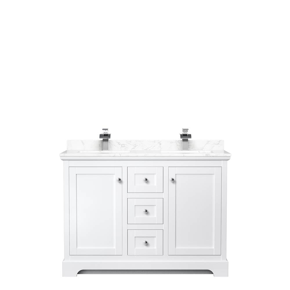 Avery 48 Inch Double Bathroom Vanity in White, Dark-Vein Carrara Cultured Marble Countertop, Undermount Square Sinks, No Mirror