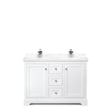 Avery 48 Inch Double Bathroom Vanity in White, Dark-Vein Carrara Cultured Marble Countertop, Undermount Square Sinks, No Mirror