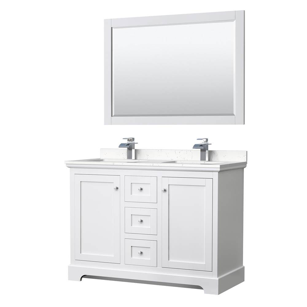 Wyndham Collection - Avery 48 Inch Double Bathroom Vanity in White, Carrara Cultured Marble Countertop, Undermount Square Sinks, 46 Inch Mirror
