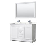 Wyndham Collection - Avery 48 Inch Double Bathroom Vanity in White, Carrara Cultured Marble Countertop, Undermount Square Sinks, 46 Inch Mirror
