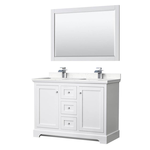 Wyndham Collection - Avery 48 Inch Double Bathroom Vanity in White, Carrara Cultured Marble Countertop, Undermount Square Sinks, 46 Inch Mirror