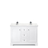 Avery 48 Inch Double Bathroom Vanity in White, Carrara Cultured Marble Countertop, Undermount Square Sinks, No Mirror