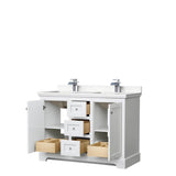Avery 48 Inch Double Bathroom Vanity in White, Carrara Cultured Marble Countertop, Undermount Square Sinks, No Mirror