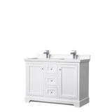 Wyndham Collection - Avery 48 Inch Double Bathroom Vanity in White, Carrara Cultured Marble Countertop, Undermount Square Sinks, No Mirror