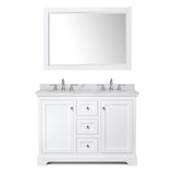 Avery 48 Inch Double Bathroom Vanity in White, White Carrara Marble Countertop, Undermount Oval Sinks, 46 Inch Mirror