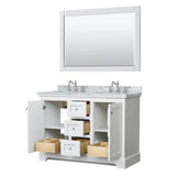 Avery 48 Inch Double Bathroom Vanity in White, White Carrara Marble Countertop, Undermount Oval Sinks, 46 Inch Mirror