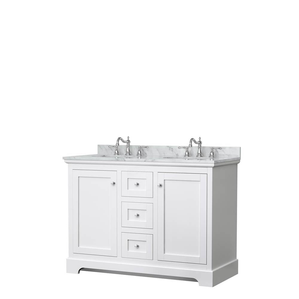 Wyndham Collection - Avery 48 Inch Double Bathroom Vanity in White, White Carrara Marble Countertop, Undermount Oval Sinks, No Mirror