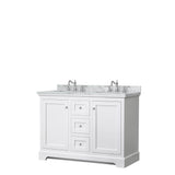 Wyndham Collection - Avery 48 Inch Double Bathroom Vanity in White, White Carrara Marble Countertop, Undermount Oval Sinks, No Mirror