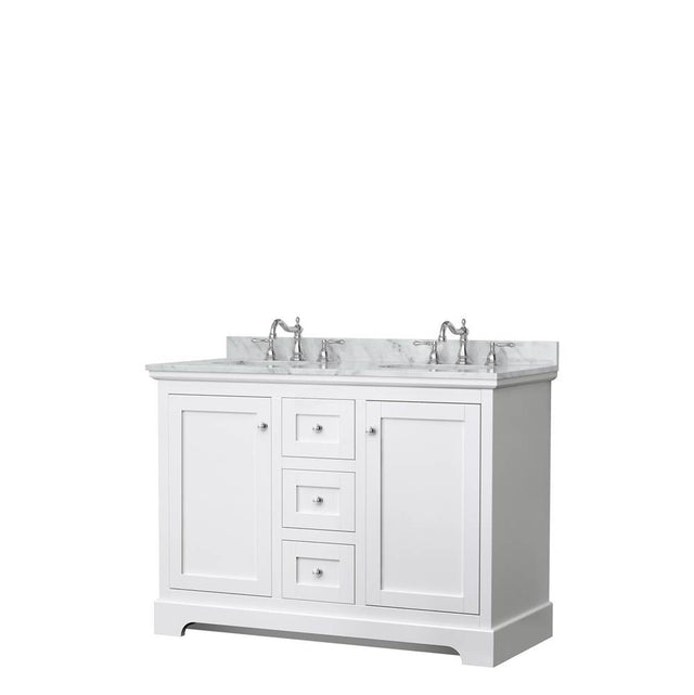 Wyndham Collection - Avery 48 Inch Double Bathroom Vanity in White, White Carrara Marble Countertop, Undermount Oval Sinks, No Mirror