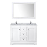 Avery 48 Inch Double Bathroom Vanity in White, White Carrara Marble Countertop, Undermount Square Sinks, 46 Inch Mirror